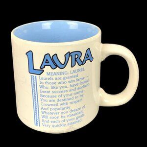 Laura Papel Poetry Name Coffee Mug Cup Ceramic 10 oz White Blue Vintage Gift